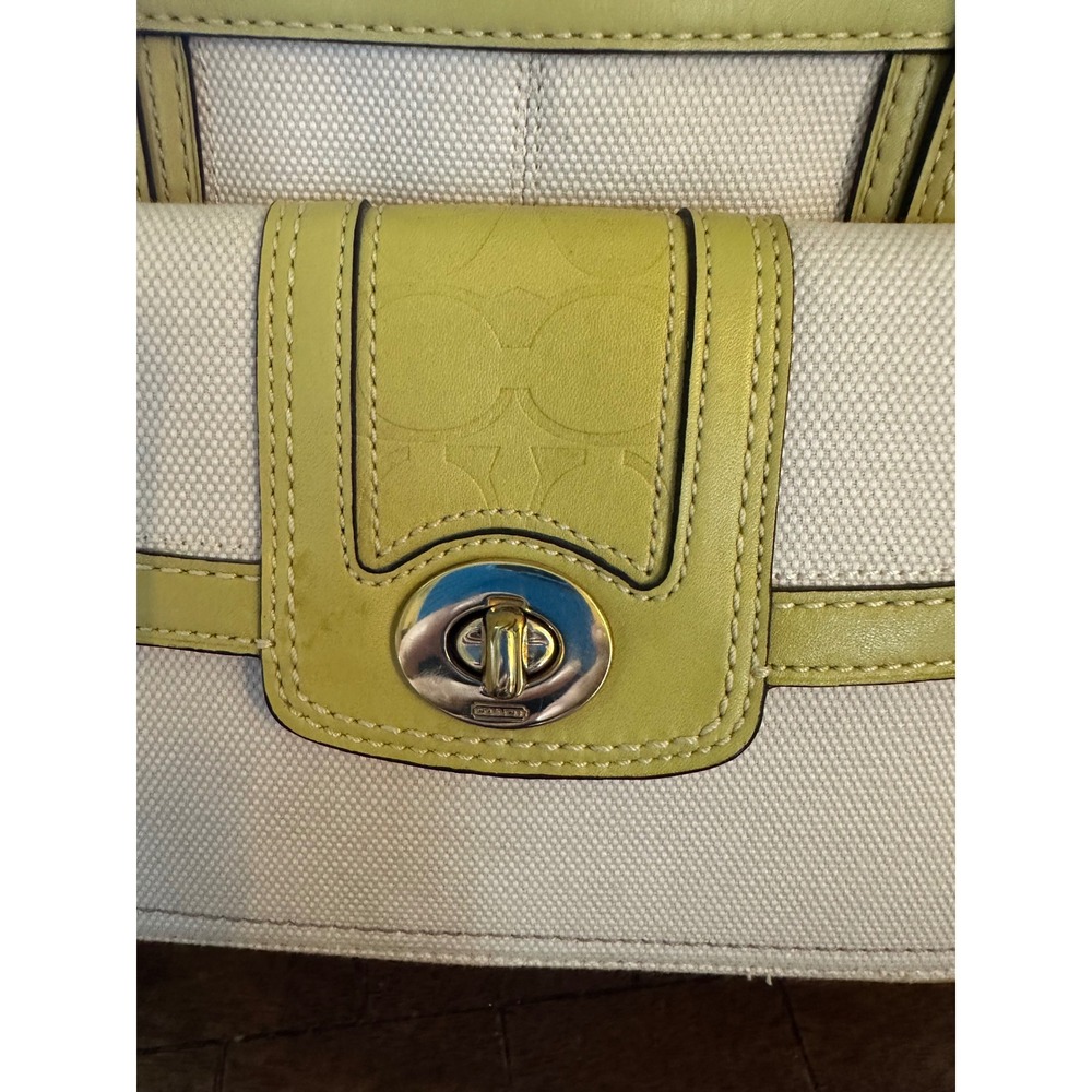Coach Hampton Miranda 11954 Canvas Leather Satchel Ivory Lime Green Handbag EUC - Picture 4 of 16